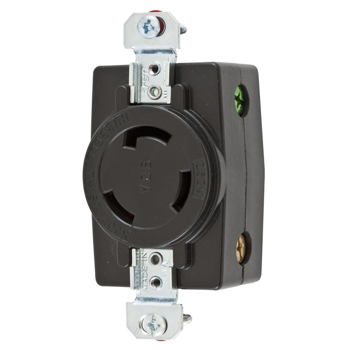 Locking Devices, Twist-Lock, Industrial, Flush Receptacle, 30A 125/250V, 3-Pole 3-Wire Non Grounding, Non-NEMA, Screw Terminal, Black.