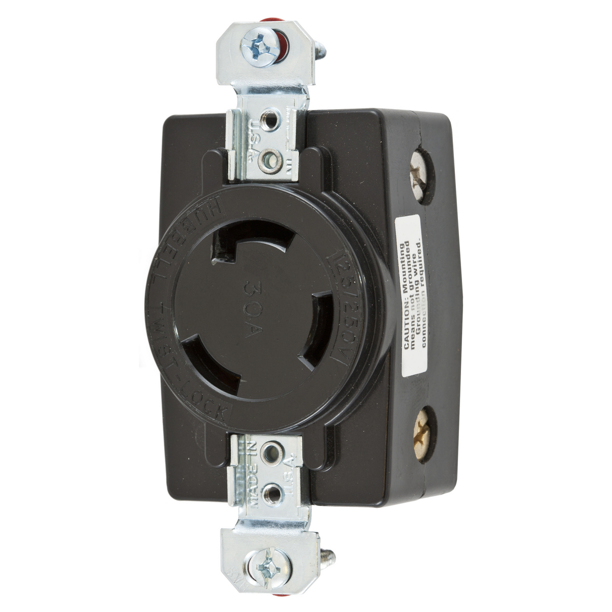 Locking Devices, Twist-Lock, Industrial, Flush Receptacle, 30A 250V AC, 2-Pole 3-Wire Grounding, Non-NEMA, Screw Terminal, Black.