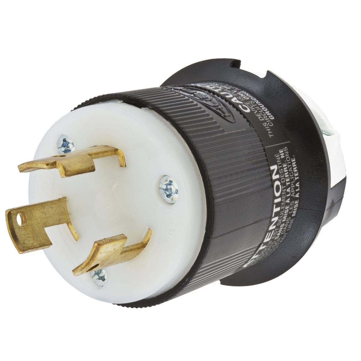 Locking Devices, Twist-Lock, Industrial, Male Plug, 30A 125/250V, 3-Pole 3-Wire Non Grounding, Non-NEMA, Screw Terminal, Black and White.