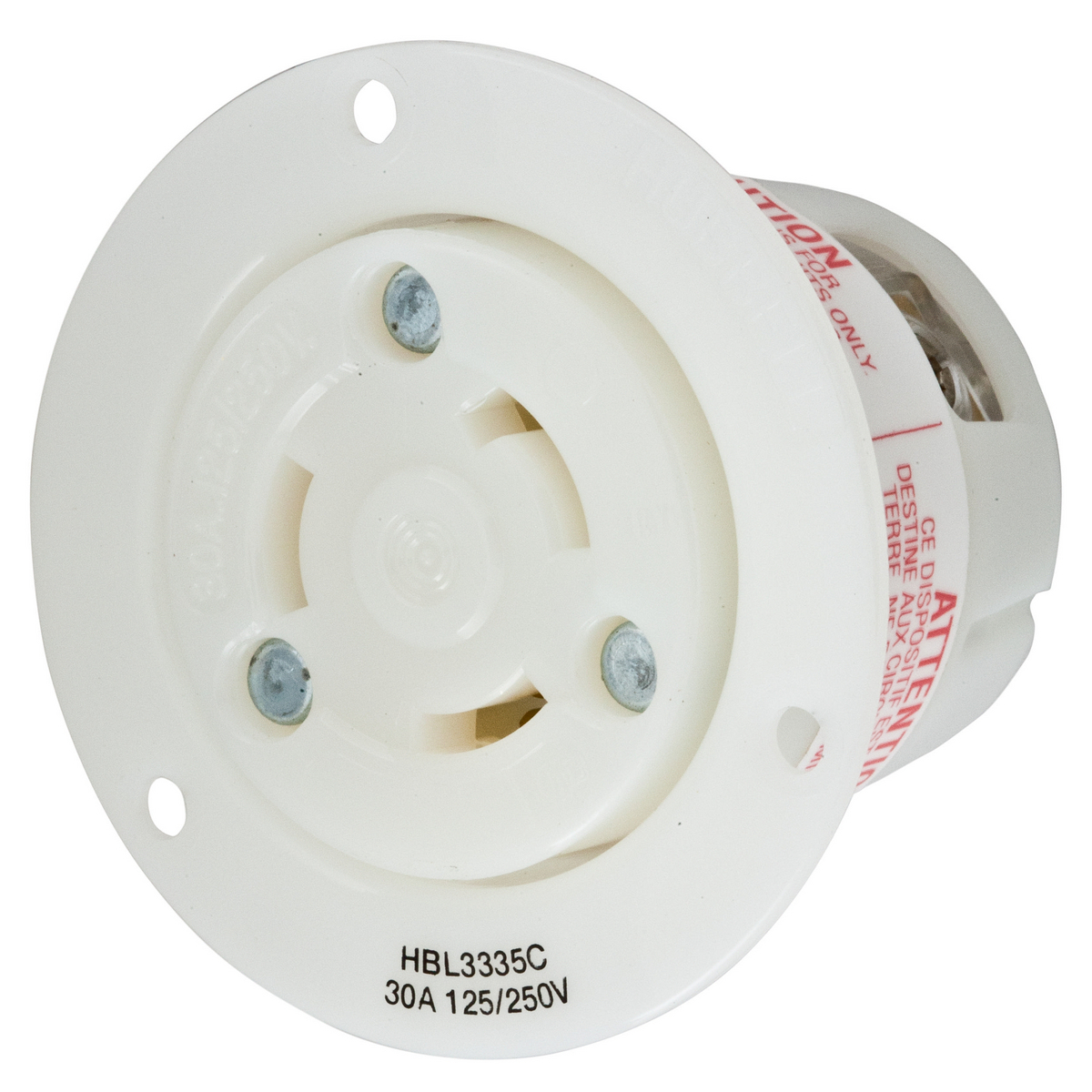 Locking Devices, Twist-Lock, Industrial, Flanged Receptacle, 30A 250/250V, 3-Pole 3-Wire Non Grounding, Non-NEMA, Screw Terminal, White.