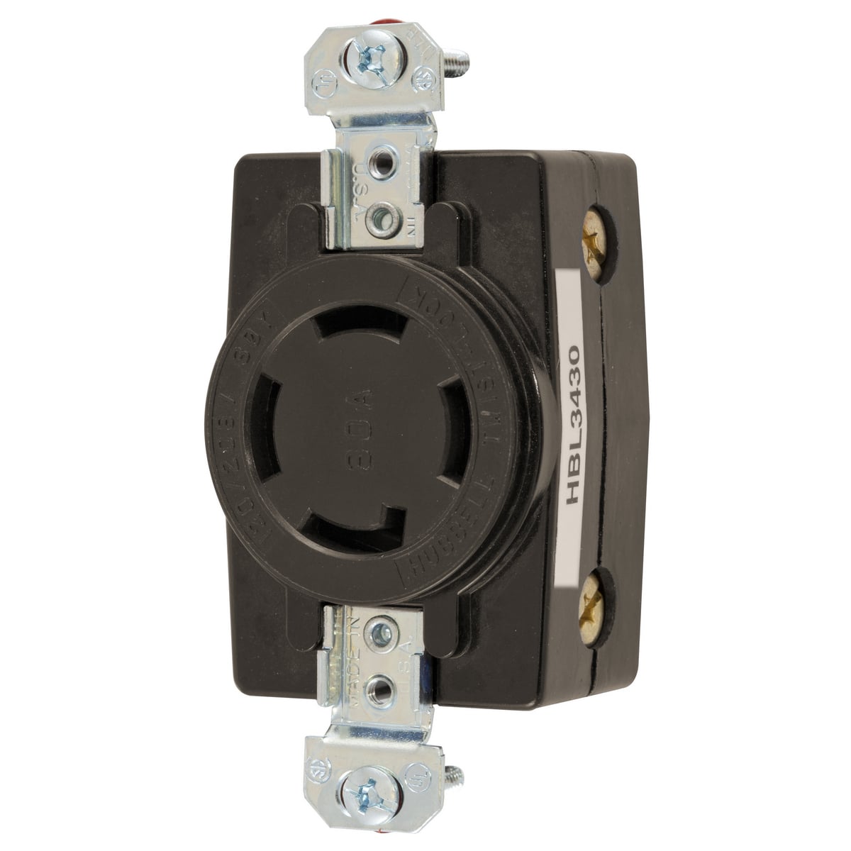 Locking Devices, Twist-Lock, Industrial, Flush Receptacle, 30A 3- Phase Wye 120/208V AC, 4-Pole 4-Wire Non- Grounding, Non-NEMA, Screw Terminal, Black.