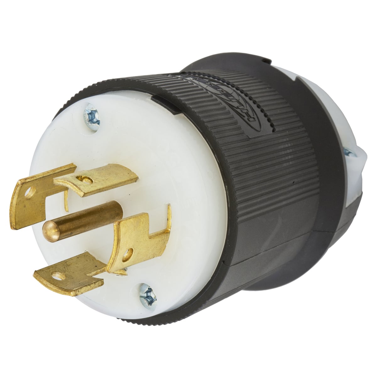Locking Devices, Twist-Lock, Industrial, Male Insulgrip Plug, 20A 250V/10A 600V AC, 4-Pole 5-Wire Grounding, Non-NEMA, Screw Terminal, Black and White nylon.