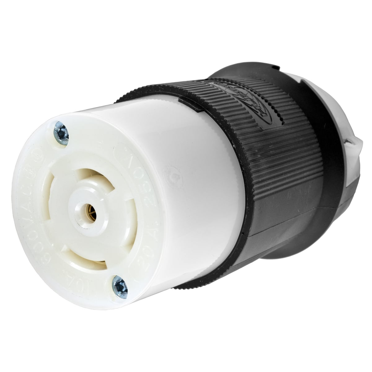 Locking Devices, Twist-Lock, Industrial, Female Insulgrip Connector Body, 20A 250V DC/10A 600V AC, 4-Pole 5-Wire Grounding, Non-NEMA, Screw Terminal, Black and White Nylon.