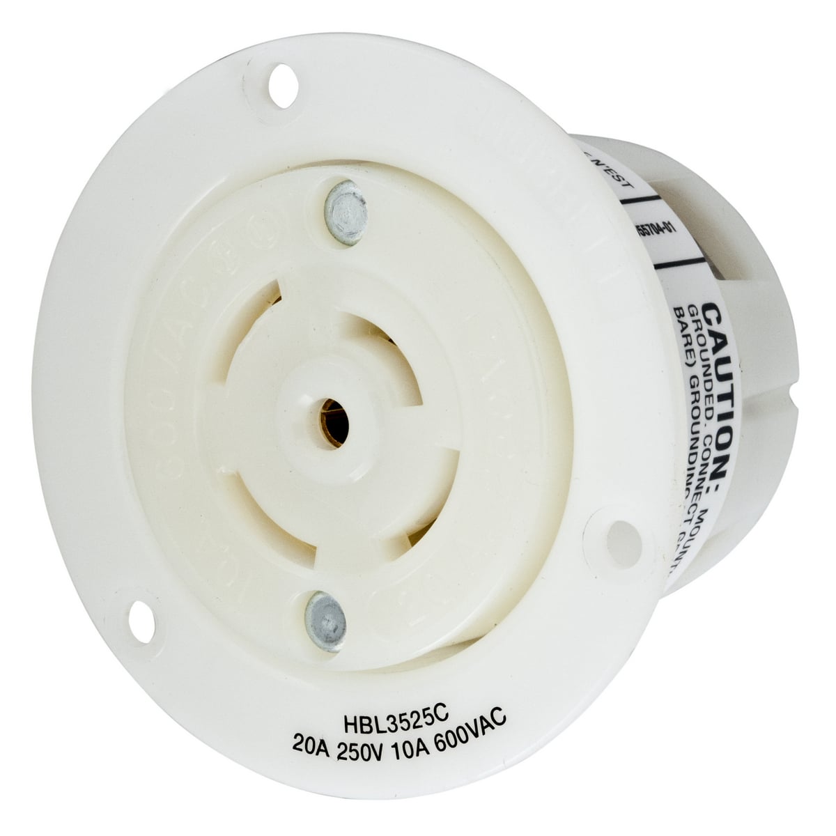 Locking Devices, Twist-Lock, Industrial, Insulgrip Flanged Receptacle, 20A 250V DC/600V AC, 4-Pole 5-Wire Grounding, Non- NEMA, Screw Terminal, Nylon casing, Back wired, White