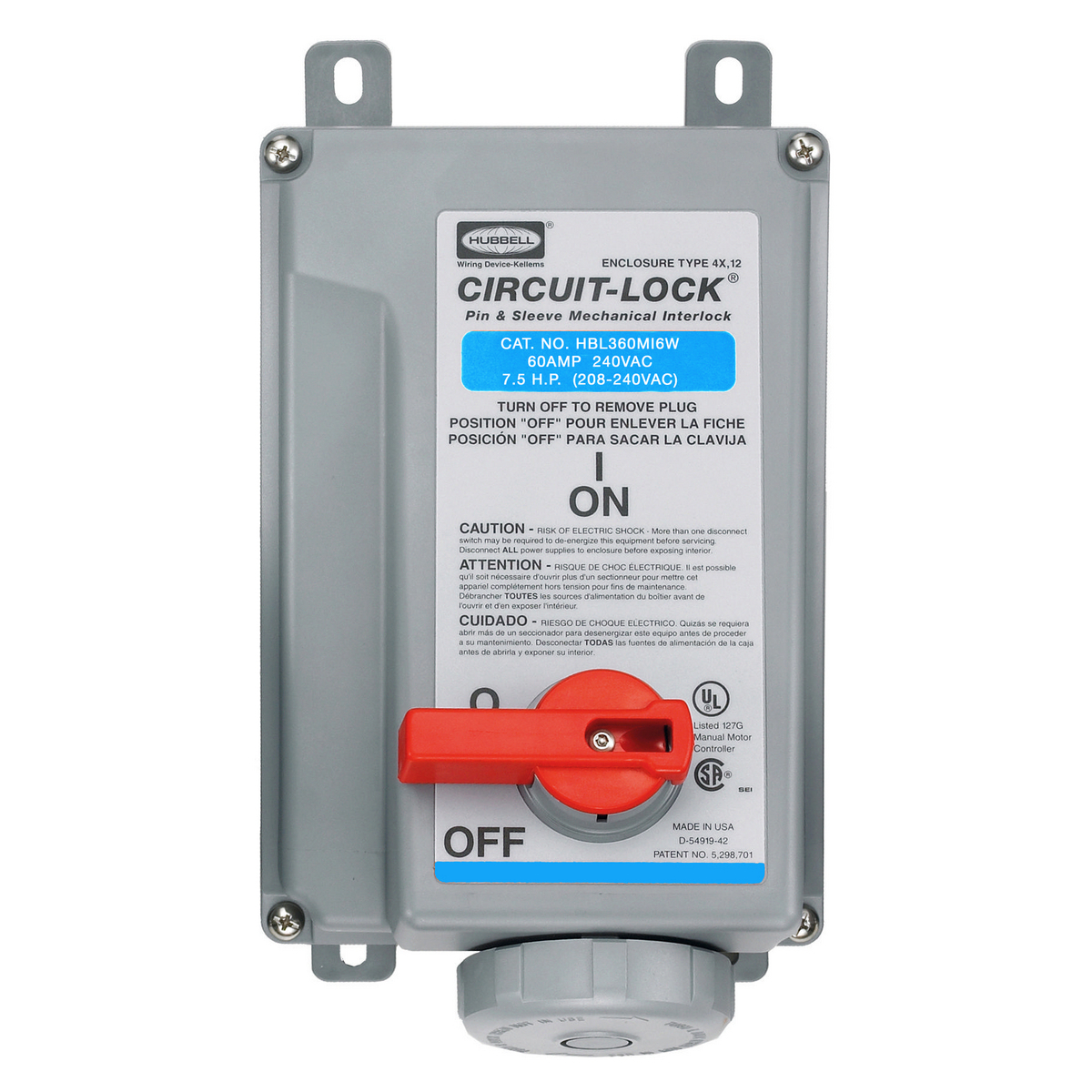 Heavy Duty Products, IEC Pin and Sleeve Devices, Industrial Grade, Female, Mechanically Interlocked Receptacle, 60A 250V AC, 2-Pole 3-Wire Grounding, Terminal Screws, Blue, Watertight