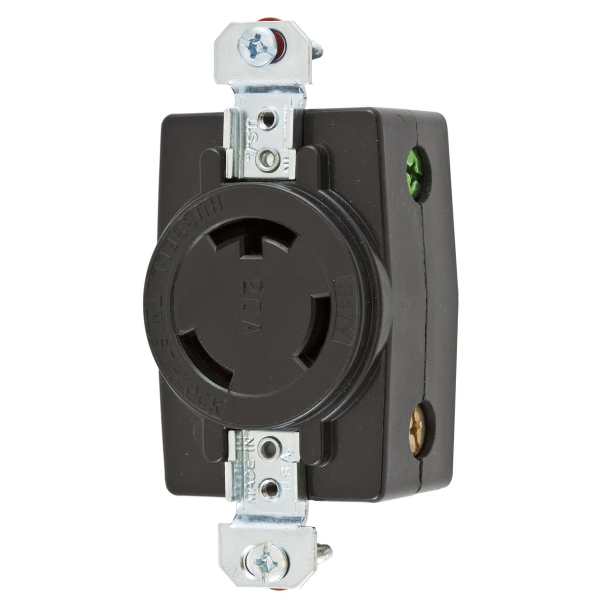 Locking Devices, Twist-Lock, Industrial, Single Flush Receptacle, 20A 347V AC, 2-Pole 3-Wire Grounding, NEMA L24-20R, Screw Terminal, Nylon face, Back and side wire, Black.