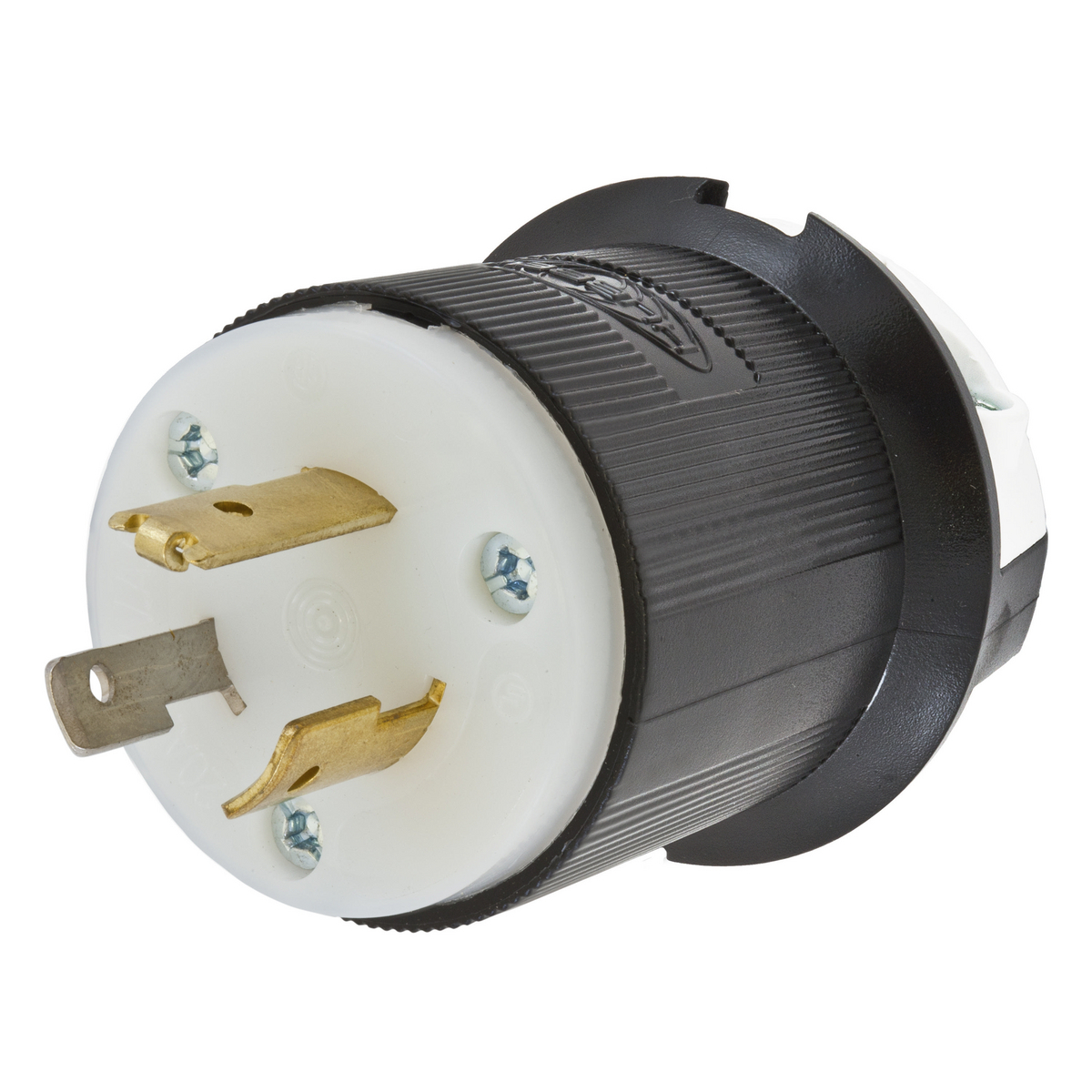 Locking Devices, Twist-Lock, Industrial, Male Plug, 20A 347V AC, 2-Pole 3-Wire Grounding, L24-20P, Screw Terminal, Black and White.