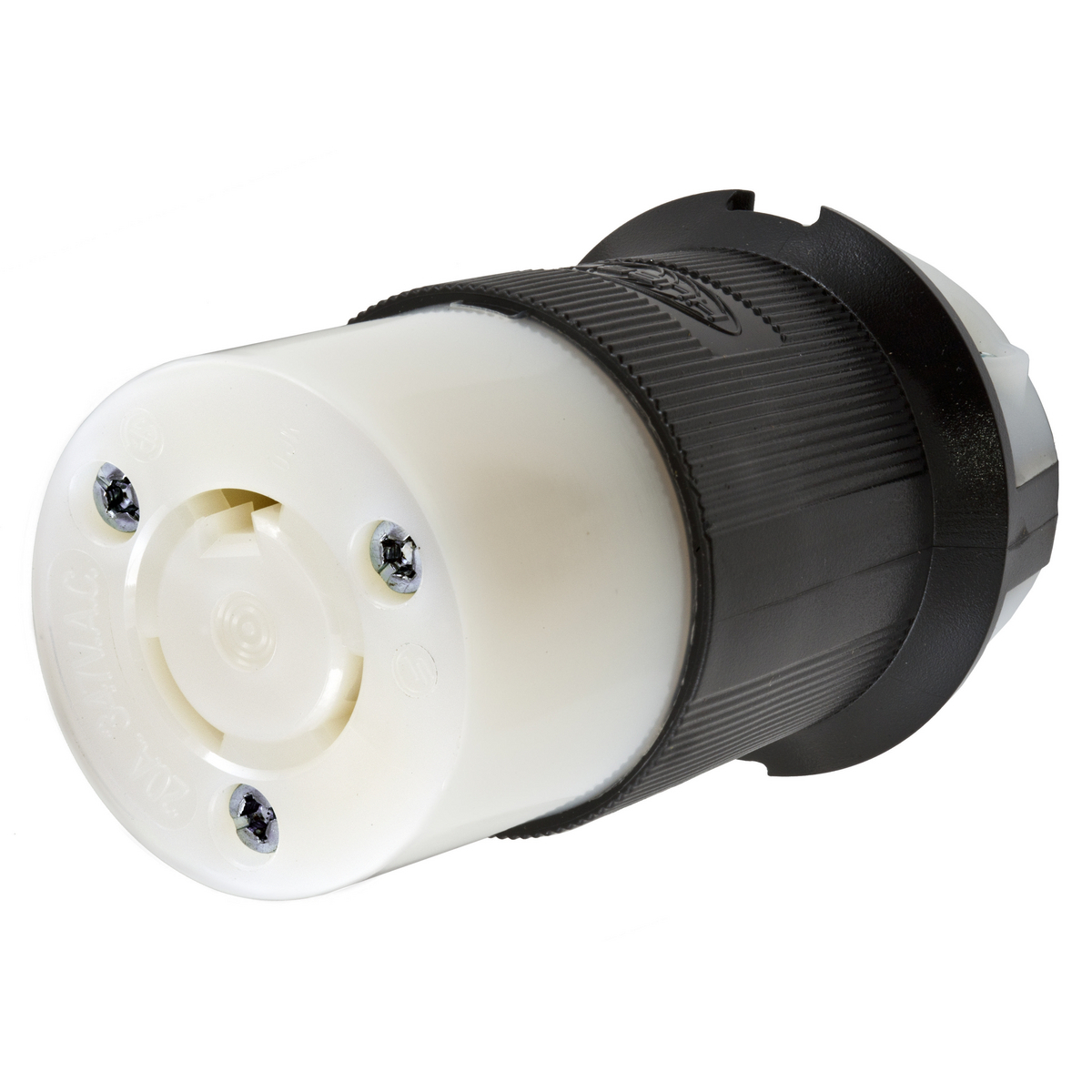 Locking Devices, Twist-Lock, Industrial, Female Insulgrip Connector Body, 20A 347V AC, 2-Pole 3-Wire Grounding, NEMA L24-20R, Screw Terminal, Black and White Nylon.