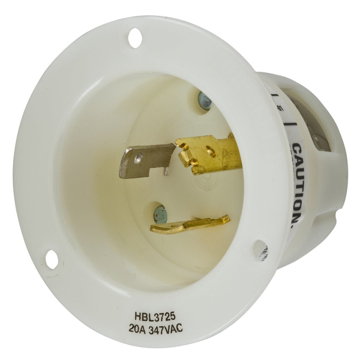Locking Devices, Twist-Lock, Industrial, Insulgrip Flanged Inlet, 20A 347V AC, 2-Pole 3-Wire Grounding, NEMA L24-20P, Screw Terminal, Nylon casing, Back wired, White.