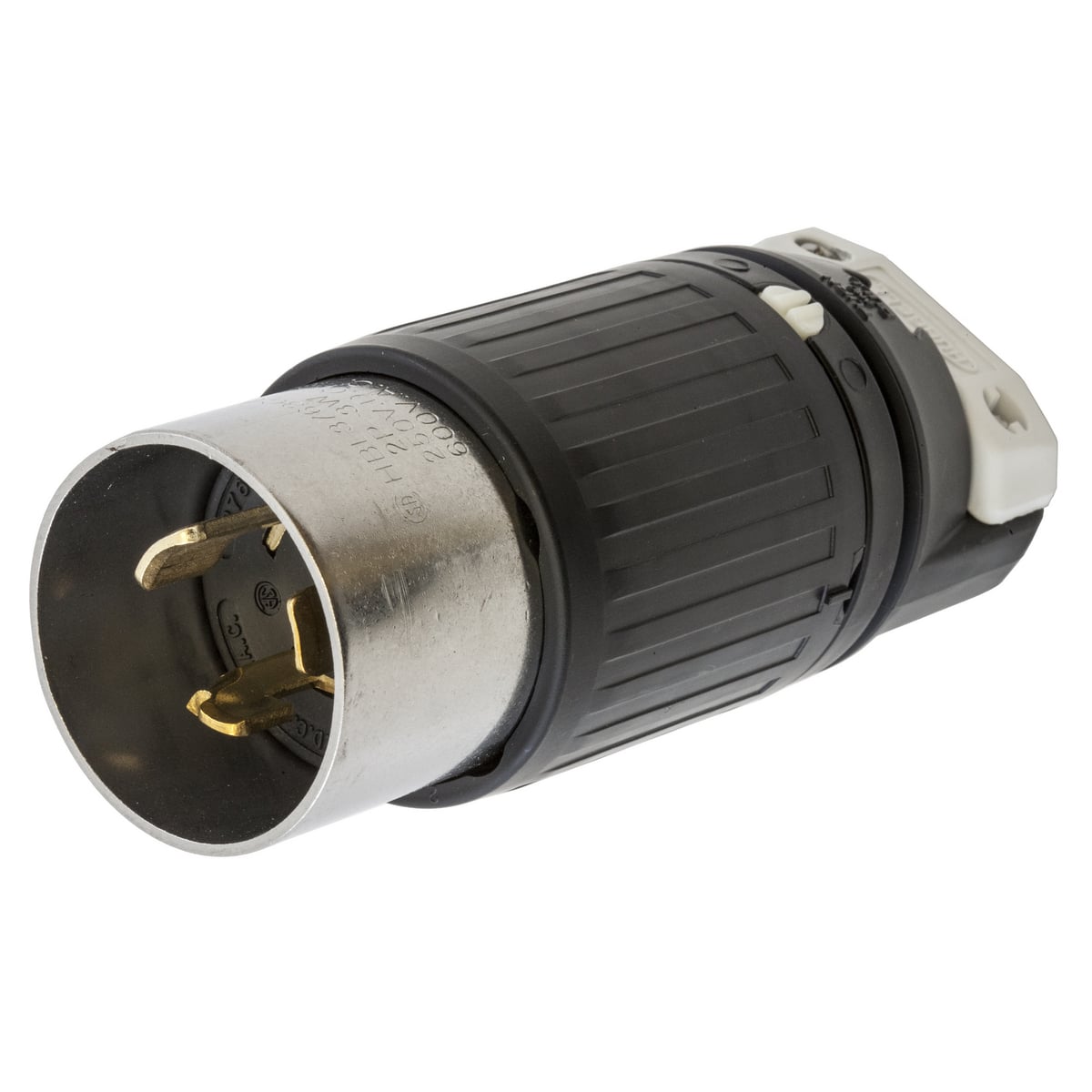 Locking Devices, Twist-Lock, Industrial, Male Insulgrip Plug, 50A 250V DC/600V AC, 2-Pole 3-Wire Grounding, Non-NEMA, Screw Terminal, Nylon housing thermoplastic polyester interior, Black
