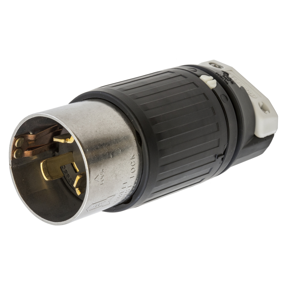 Locking Devices, Twist-Lock?, Industrial, Male Insulgrip? Plug, 50A 250V DC/600V AC, 3-Pole 4-Wire Grounding, Non-NEMA, Screw Terminal, Nylon housing thermoplastic polyester interior, Black