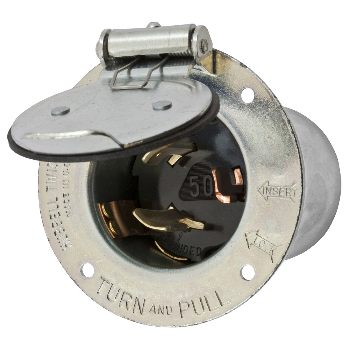 Locking Devices, Twist-Lock, Industrial, Flanged Inlet, 50A 250V AC/600V AC, 2-Pole 3-Wire Grounding, Non-NEMA, Screw Terminal, Zinc plated steel casing, thermoset interior with lift cover, Metallic