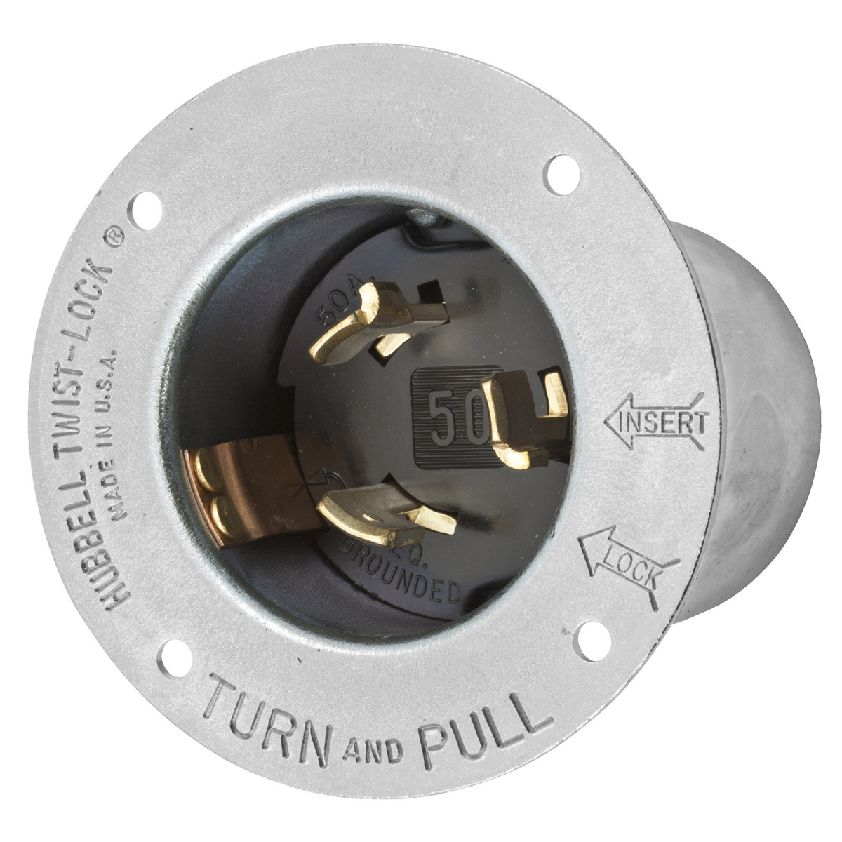 Locking Devices, Twist-Lock, Industrial, Flanged Inlet, 50A 250V DC/600V AC, 3-Pole 4-Wire Grounding, Non-NEMA, Screw Terminal, Zinc plated steel casing, thermoset interior, Metallic