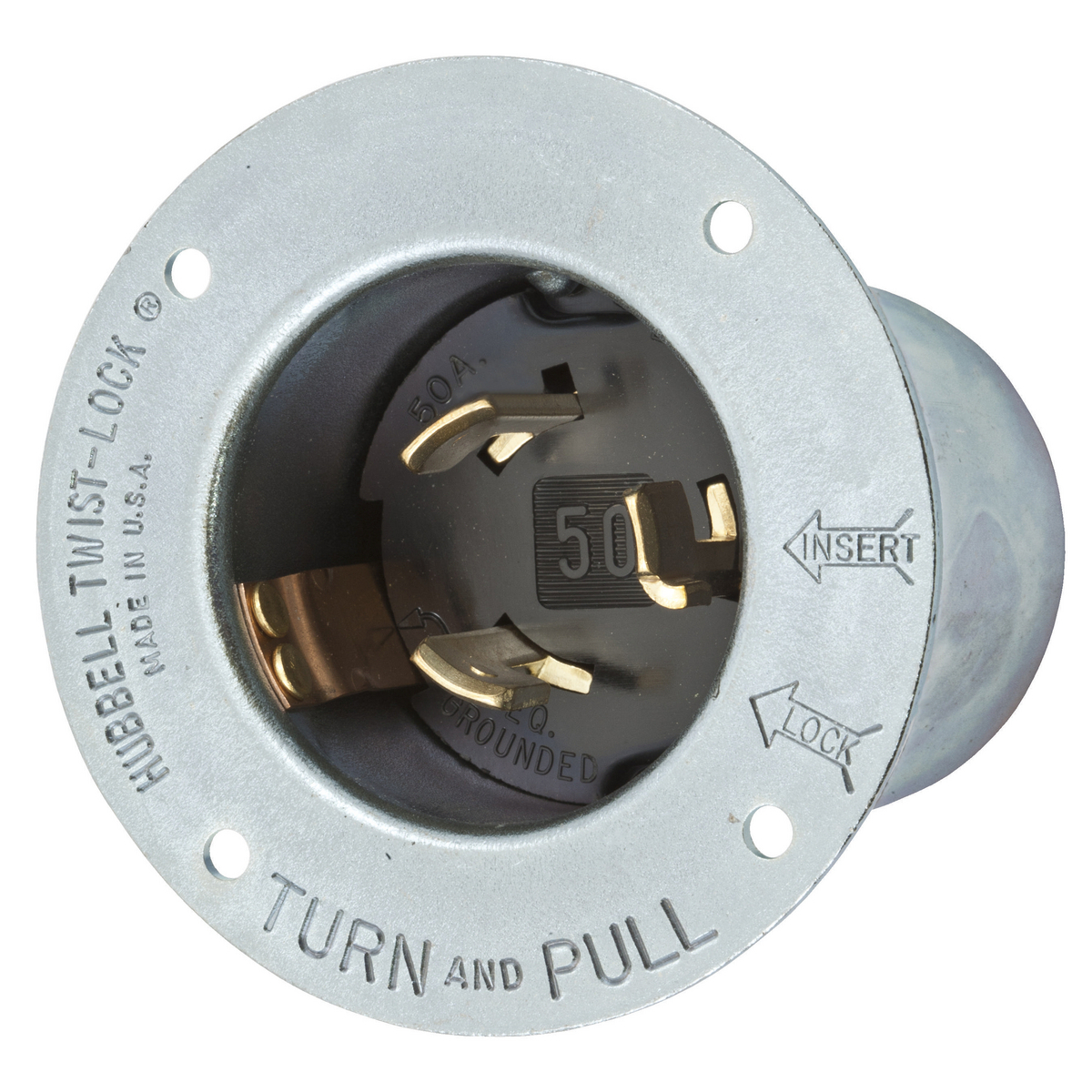 Locking Devices, Twist-Lock, Industrial, Flanged Inlet, 50A 250V, 600V AC, 2-Pole 3-Wire Grounding, Non-NEMA, Screw Terminal, Zinc plated steel casing, thermoset interior, Metallic