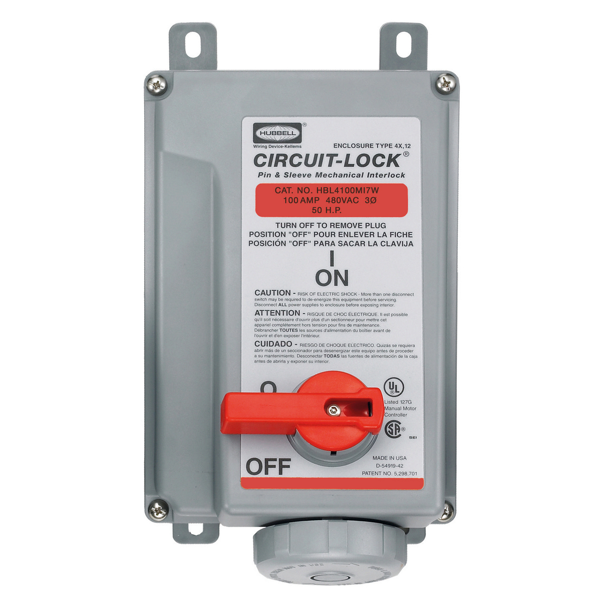 Heavy Duty Products, IEC Pin and Sleeve Devices, Industrial Grade, Female, Mechanically Interlocked Receptacle, 100A 3-Phase Delta 480V AC, 3-Pole 4-Wire Grounding, Terminal Screws