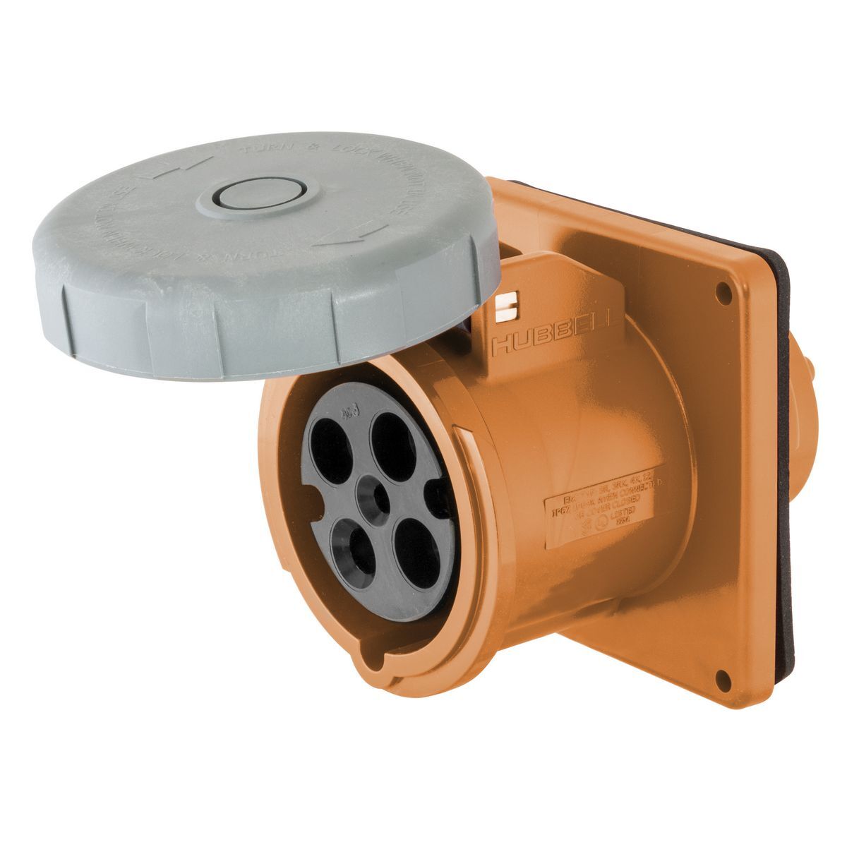 Heavy Duty Products, IEC Pin and Sleeve Devices, Industrial Grade, Female Receptacle, 100A 125/250V, 3-Pole 4- Wire Grounding, Terminal Screws, Orange, Watertight