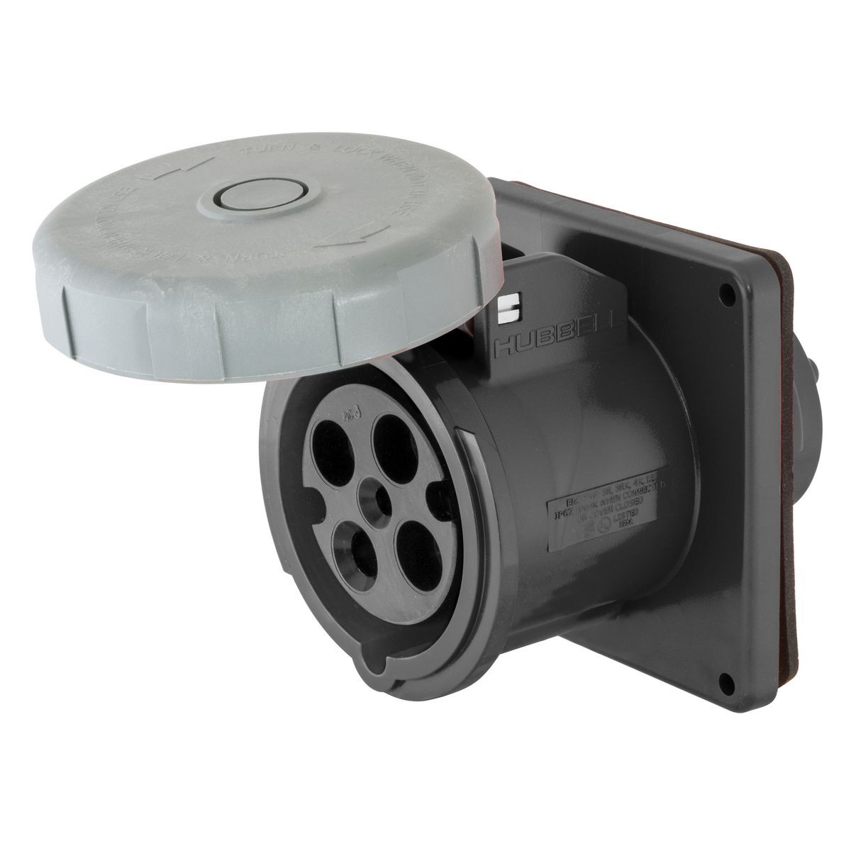 Heavy Duty Products, IEC Pin and Sleeve Devices, Industrial Grade, Female Receptacle, 100A 3-Phase Delta 600V AC, 3-Pole 4-Wire Grounding, Terminal Screws, Black, Watertight