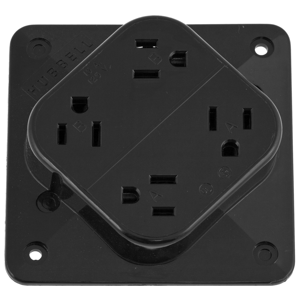 Straight Blade Devices, Receptacles, 4- Plex, Commercial/Industrial Grade, 2-Pole 3-Wire Grounding, 15A 125V, 5- 15R, Black, Single Pack.