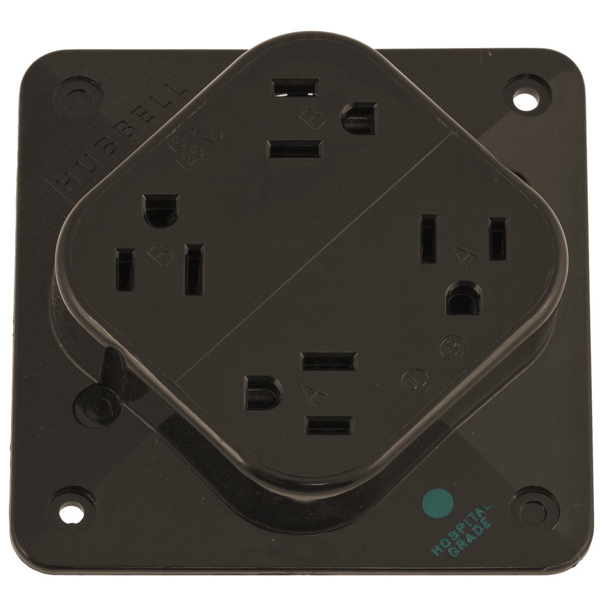 Straight Blade Devices, Receptacles, 4- Plex, Hospital Grade, 2-Pole 3-Wire Grounding, 15A 125V, 5-15R, Brown, Single Pack.