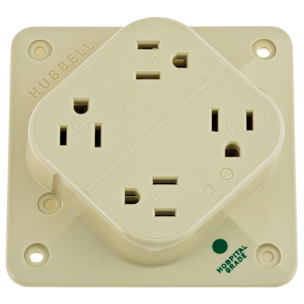 Straight Blade Devices, Receptacles, 4- Plex, Hospital Grade, 2-Pole 3-Wire Grounding, 15A 125V, 5-15R, Ivory, Single Pack.