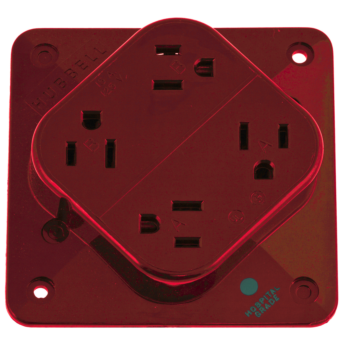 Straight Blade Devices, Receptacles, 4- Plex, Hospital Grade, 2-Pole 3-Wire Grounding, 15A 125V, 5-15R, Red, Single Pack.