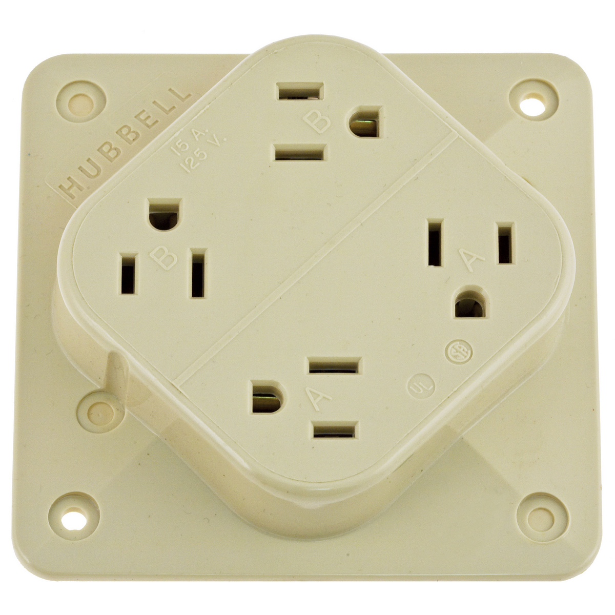 Straight Blade Devices, Receptacles, 4- Plex, Commercial/Industrial Grade, 2-Pole 3-Wire Grounding, 15A 125V, 5- 15R, Ivory, Single Pack.