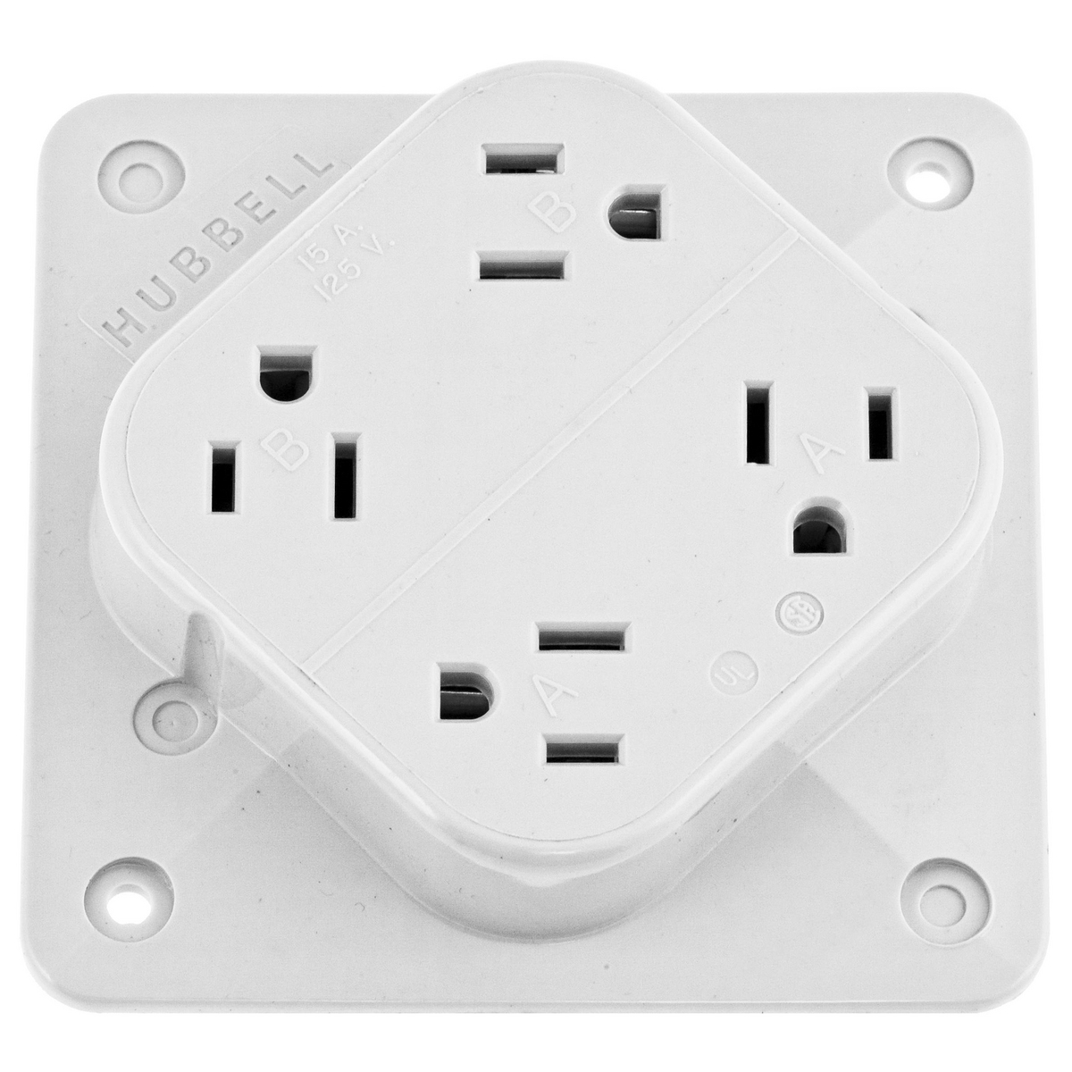 Straight Blade Devices, Receptacles, 4- Plex, Commercial/Industrial Grade, 2-Pole 3-Wire Grounding, 15A 125V, 5- 15R, White, Single Pack.