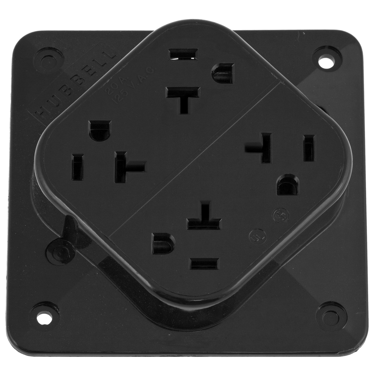 Straight Blade Devices, Receptacles, 4- Plex, Commercial/Industrial Grade, 2-Pole 3-Wire Grounding, 20A 125V, 5- 20R, Black, Single Pack.