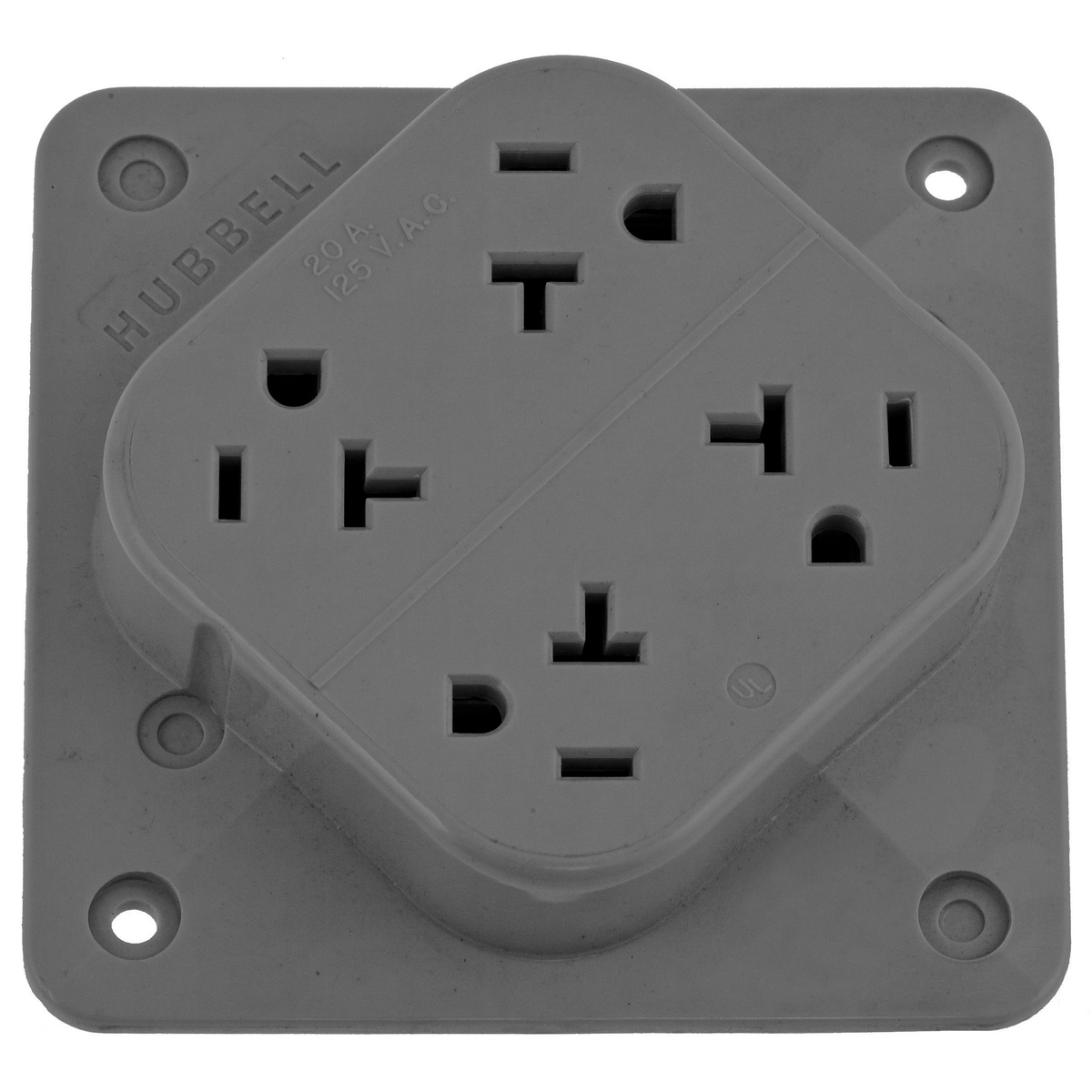 Straight Blade Devices, Receptacles, 4- Plex, Commercial/Industrial Grade, 2-Pole 3-Wire Grounding, 20A 125V, 5- 20R, Gray, Single Pack.
