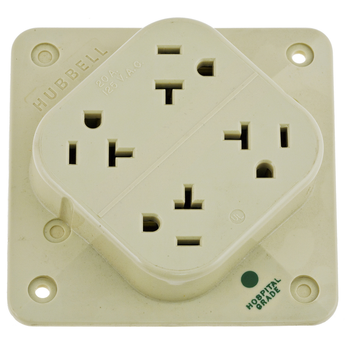 Straight Blade Devices, Receptacles, 4- Plex, Hospital Grade, 2-Pole 3-Wire Grounding, 20A 125V, 5-20R, Ivory, Single Pack