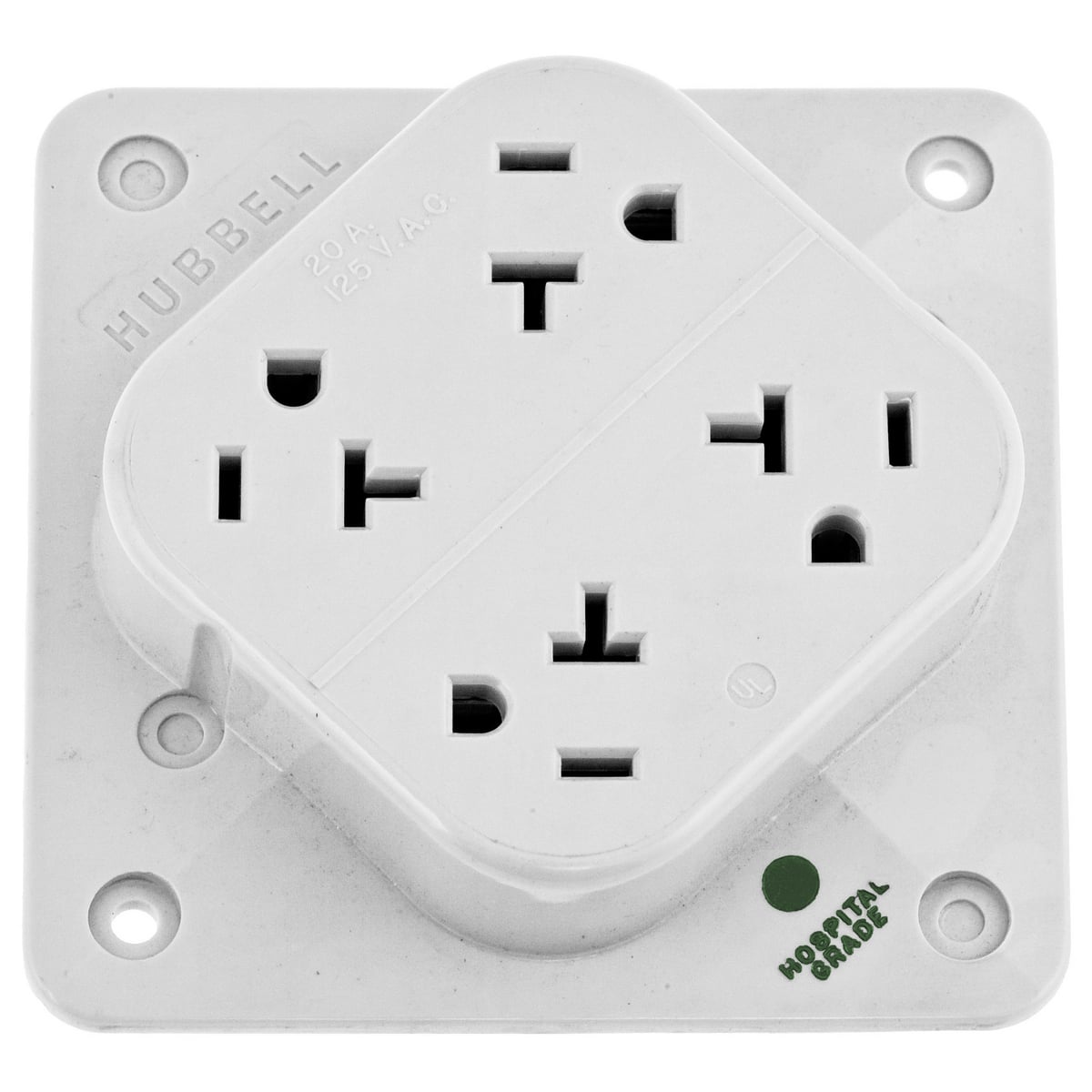 Straight Blade Devices, Receptacles, 4- Plex, Hospital Grade, 2-Pole 3-Wire Grounding, 20A 125V, 5-20R, White, Single Pack