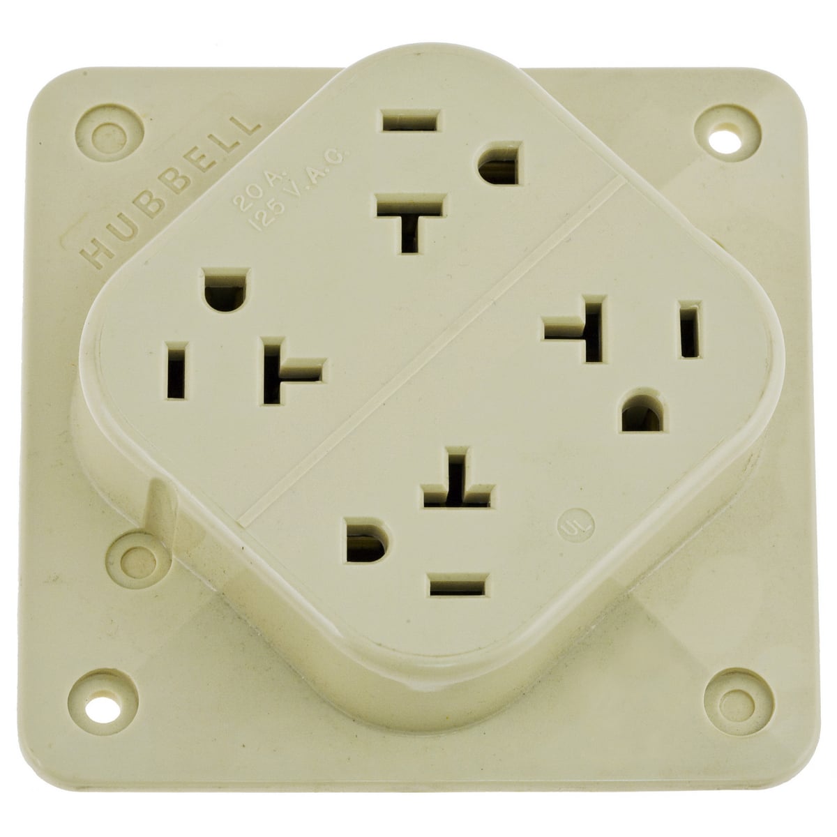 Straight Blade Devices, Receptacles, 4- Plex, Commercial/Industrial Grade, 2-Pole 3-Wire Grounding, 20A 125V, 5- 20R, Ivory, Single Pack.