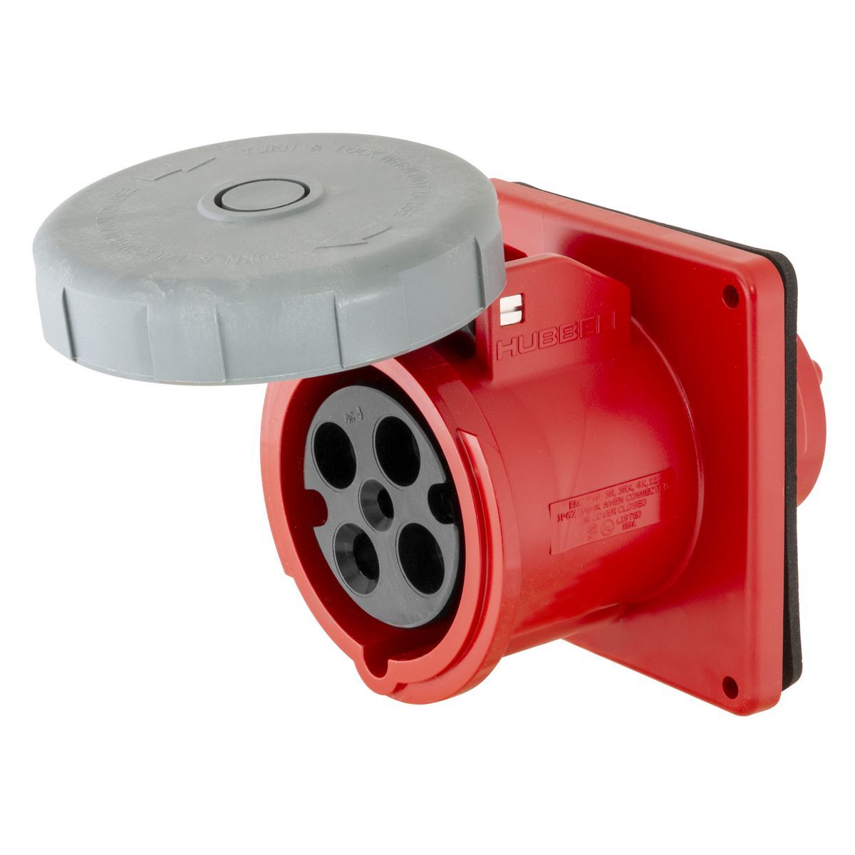 Heavy Duty Products, IEC Pin and Sleeve Devices, Industrial Grade, Female Receptacle, 20A 3-Phase Delta 480V AC, 3-Pole 4-Wire Grounding, Terminal Screws, Red, Watertight