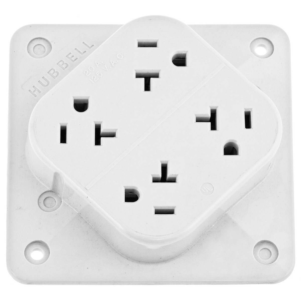 Straight Blade Devices, Receptacles, 4- Plex, Commercial/Industrial Grade, 2-Pole 3-Wire Grounding, 20A 125V, 5- 20R, White, Single Pack.