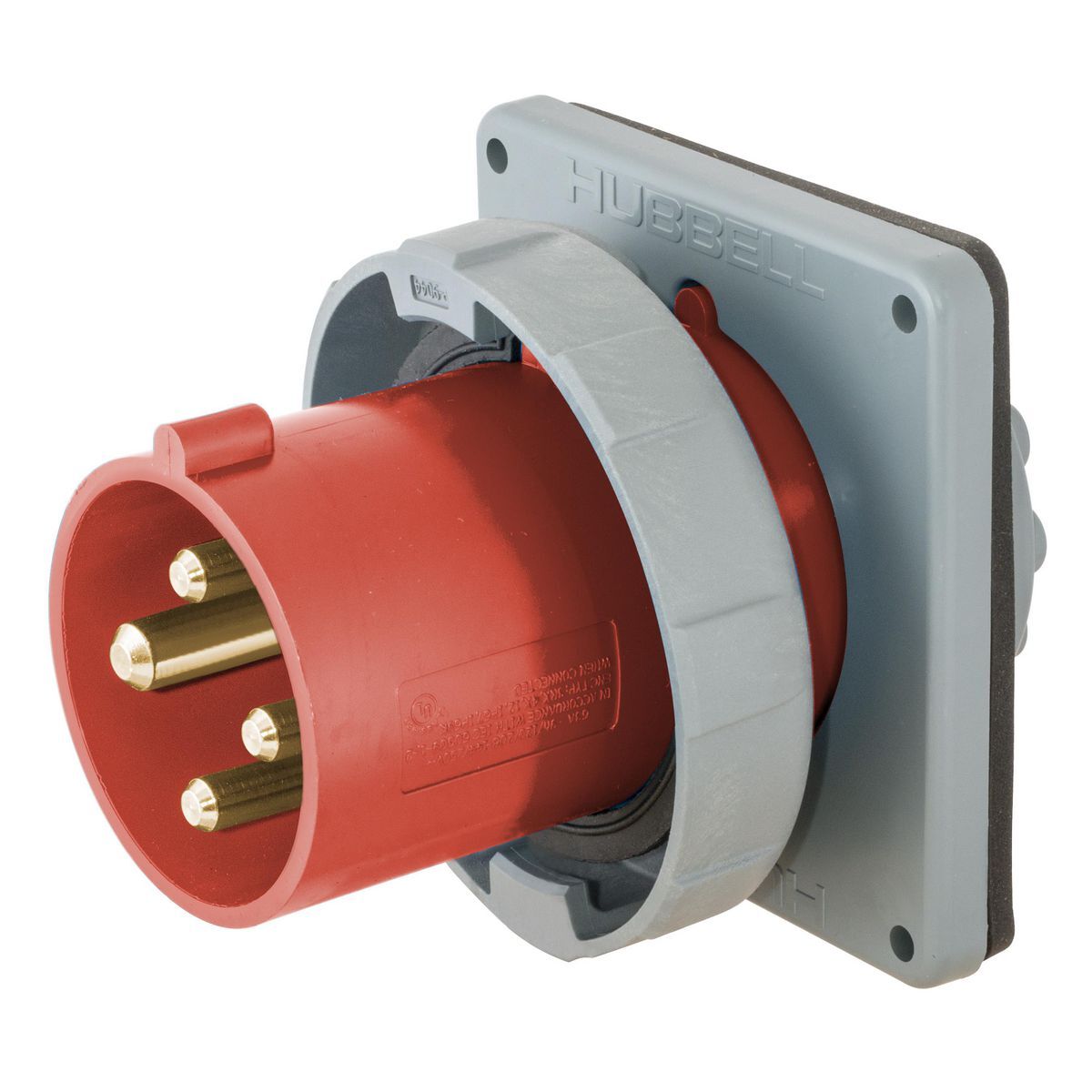 Heavy Duty Products, IEC Pin and Sleeve Devices, Industrial Grade, Male, Flanged Inlet, 30A 3-Phase Delta 480V AC, 3-Pole 4-Wire Grounding, Terminal Screws, Red, Watertight