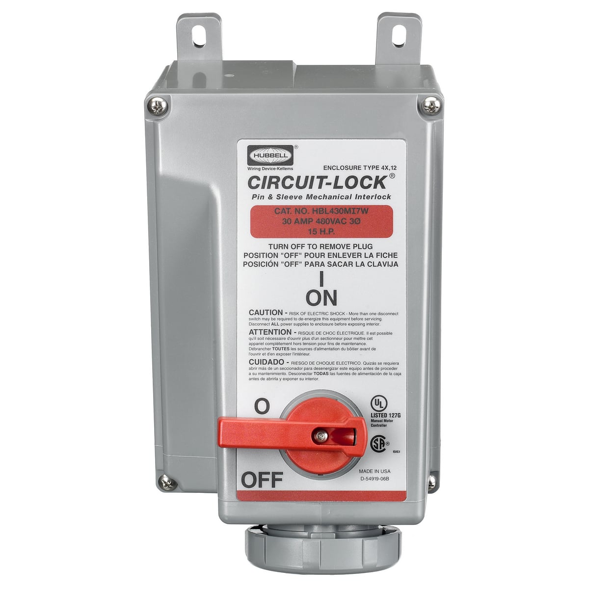 Heavy Duty Products, IEC Pin and Sleeve Devices, Industrial Grade, Female Mechanically Interlocked Receptacle, 30A 3-Phase Delta 480V AC, 3-Pole 4-Wire Grounding, Terminal Screws