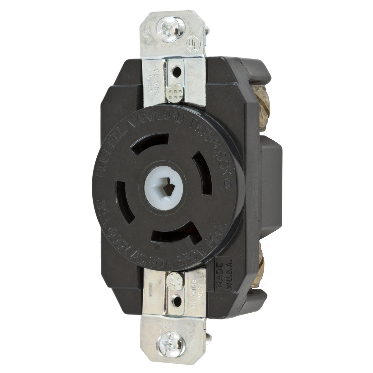 Locking Devices, Twist-Lock, Variload, Flush Receptacle, 30A 250V DC/600V AC, 50 - 400 Hz 4-Pole 5-Wire Grounding, Non- NEMA, Screw Terminal, Black Urea Face, Unique Center Pin.