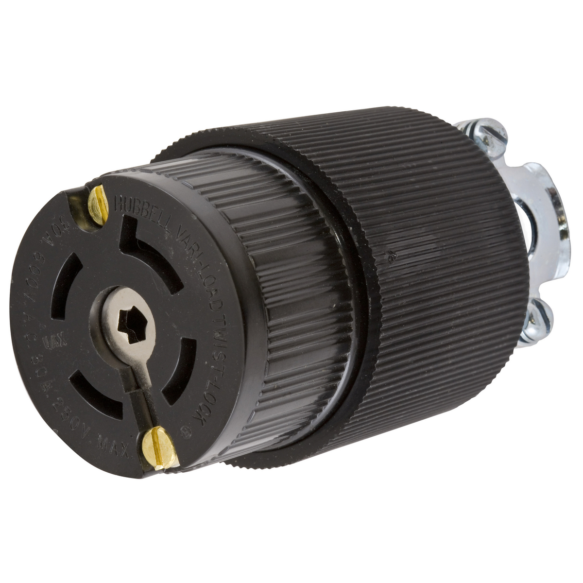 Locking Devices, Twist-Lock, Variload, Female Connector Body, 30A 250V DC/600V AC, 50 - 400 Hz 4-Pole 5-Wire Grounding, Non-NEMA, Screw Terminal, Black Non Metallic Body, Unique Center Pin