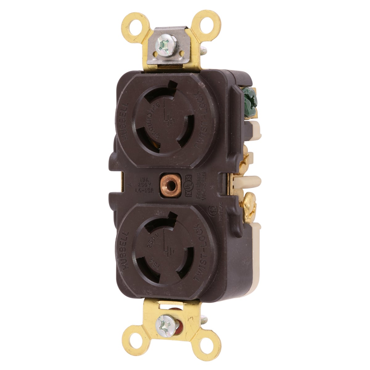 Locking Devices, Twist-Lock, Industrial, Duplex Flush Receptacle, 15A 250V, 2-Pole 3-Wire Grounding, NEMA L6-15R, Screw Terminal, Brown.