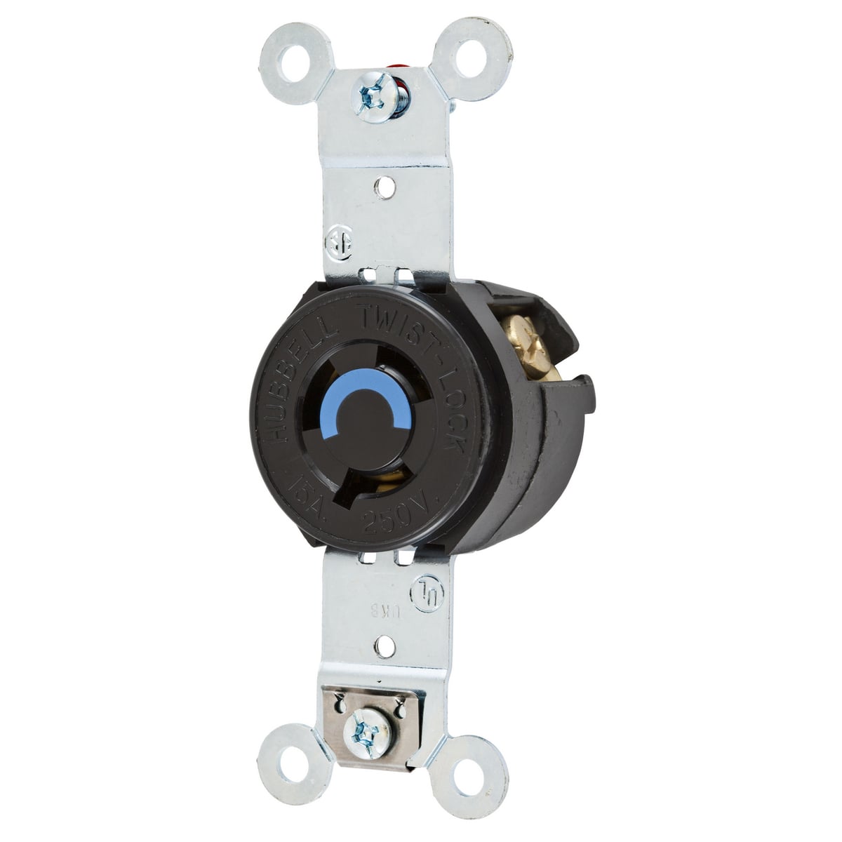 Locking Devices, Twist-Lock, Industrial, Single Flush Receptacle, 15A 250V, 2-Pole 3-Wire Grounding, NEMA L6-15R, Screw Terminal, Black.
