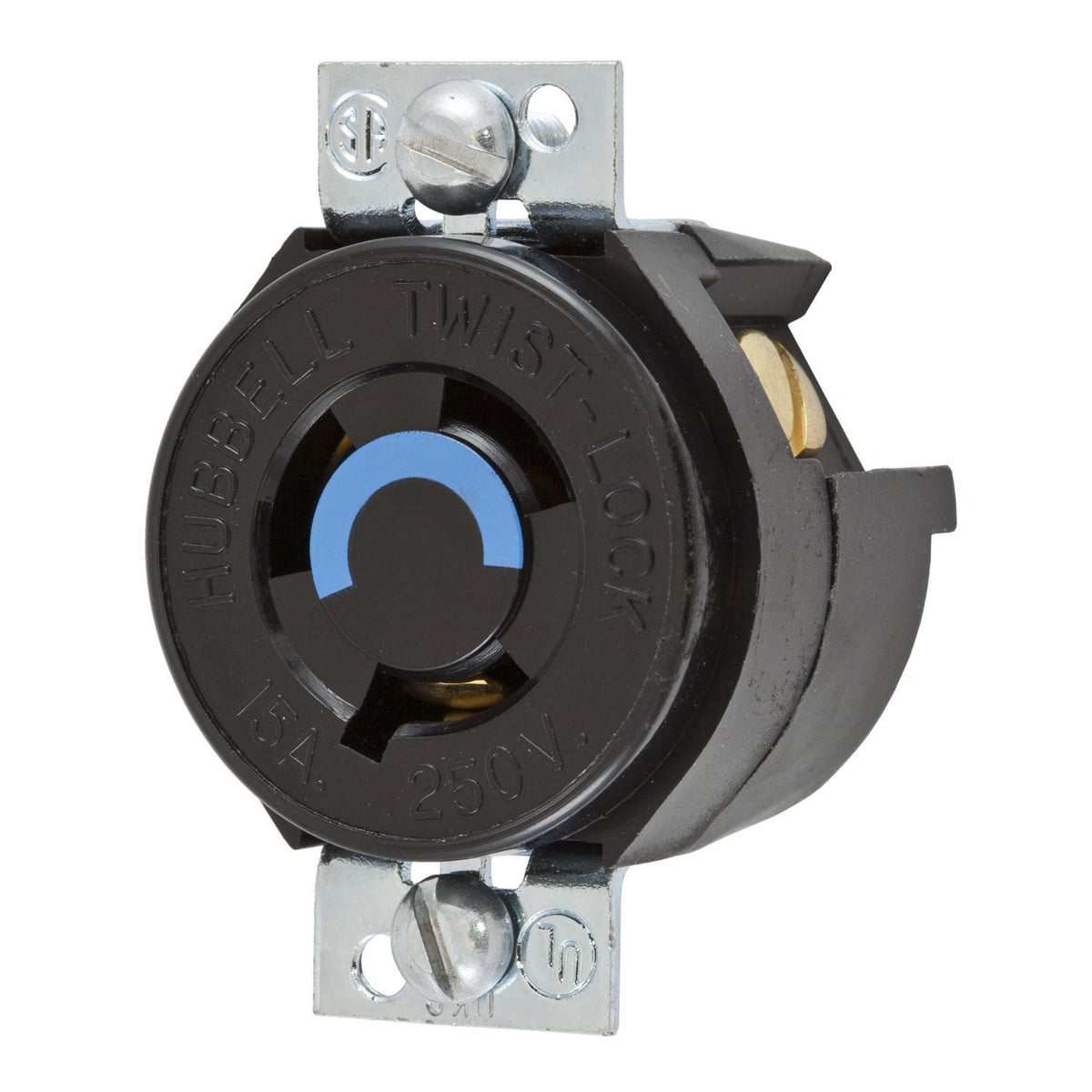 Locking Devices, Twist-Lock, Industrial, Panel Mount Receptacle, 15A 250V, 2-Pole 3-Wire Grounding, NEMA L6-15R, Screw Terminal, Side wired, Black Nylon.