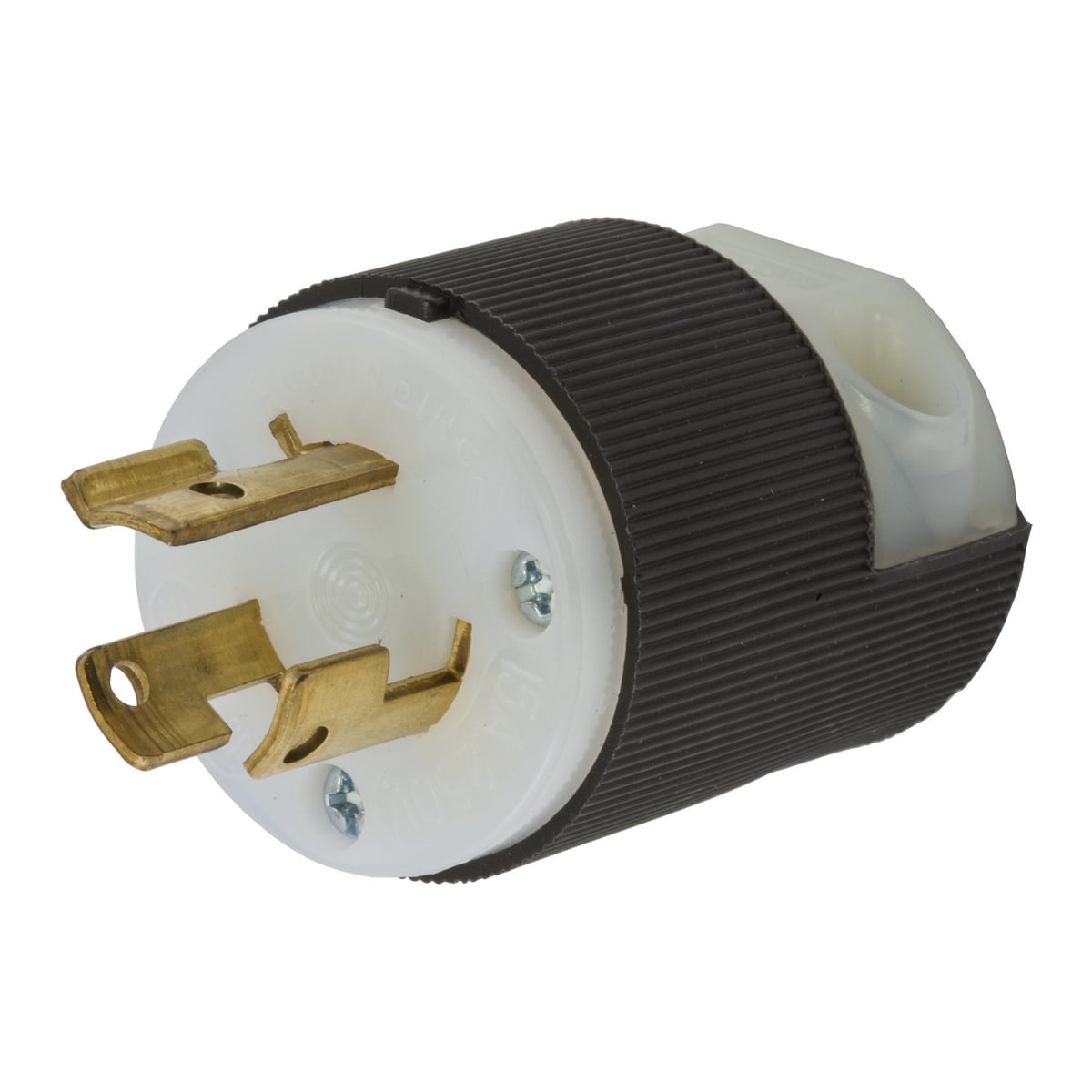 Locking Devices, Twist-Lock, Industrial, Male Insulgrip Plug, 15A 250V, 2-Pole 3-Wire Grounding, NEMA L6-15P, Screw Terminal, Black and White Nylon.