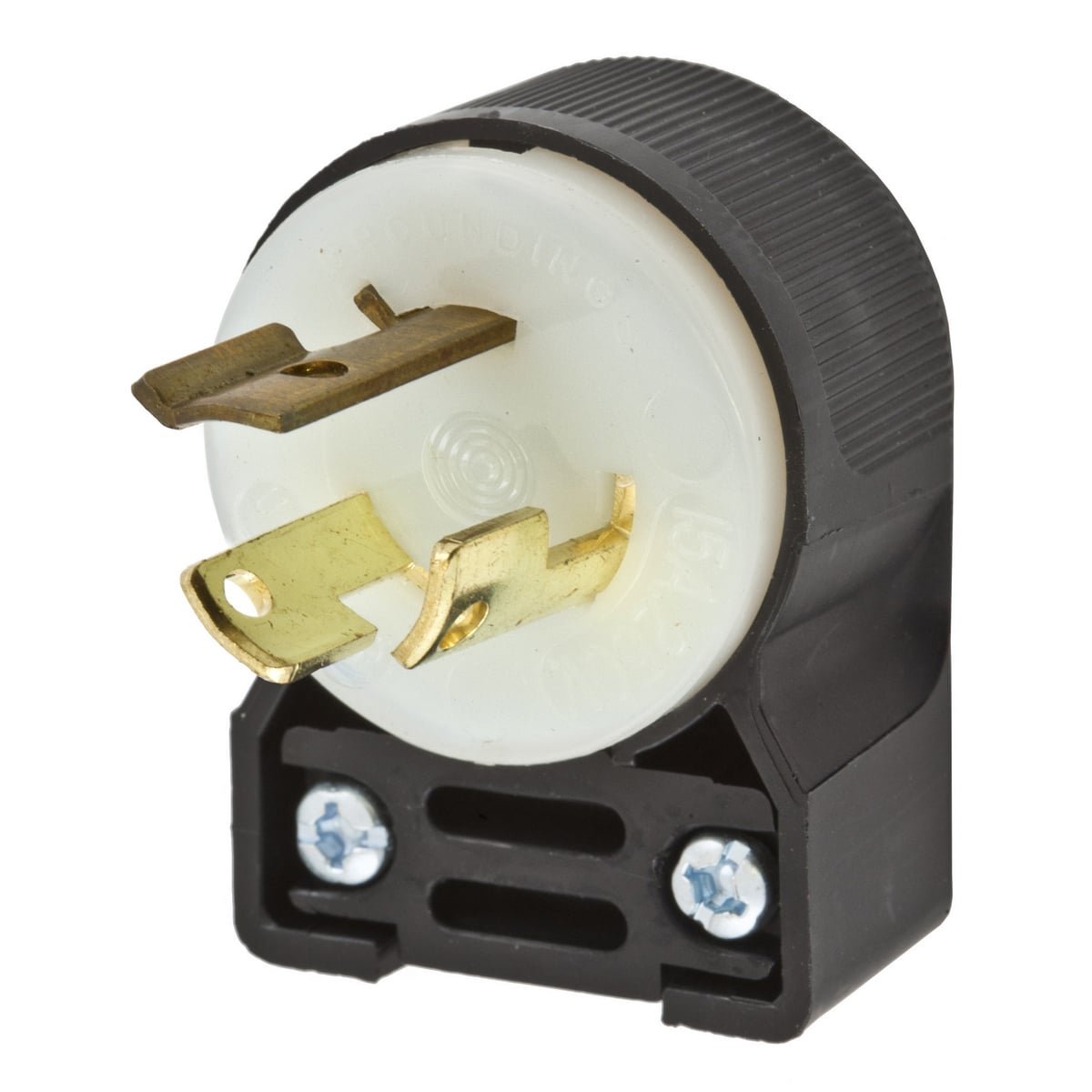 Locking Devices, Twist-Lock, Industrial, Male Insulgrip Plug, 15A 250V, 2-Pole 3-Wire Grounding, NEMA L6-15P, Screw Terminal, Black and White Nylon, 8 position angle.