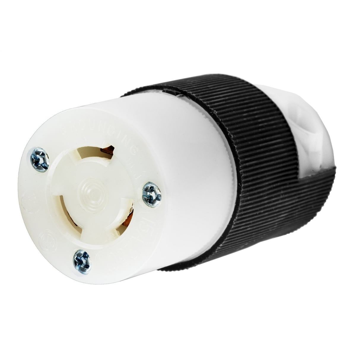 Locking Devices, Twist-Lock, Industrial, Female Insulgrip Connector Body, 15A 250V, 2-Pole 3-Wire Grounding, NEMA L6-15R, Screw Terminal, Black and White Nylon.