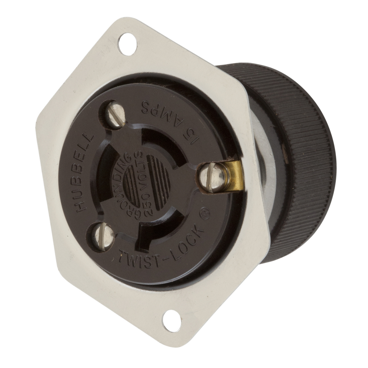 Locking Devices, Twist-Lock, Industrial, Flanged Receptacle, 15A 250V, 2-Pole 3-Wire Grounding, NEMA L6-15R, Screw Terminal, Stainless steel casing, Black/Stainless.