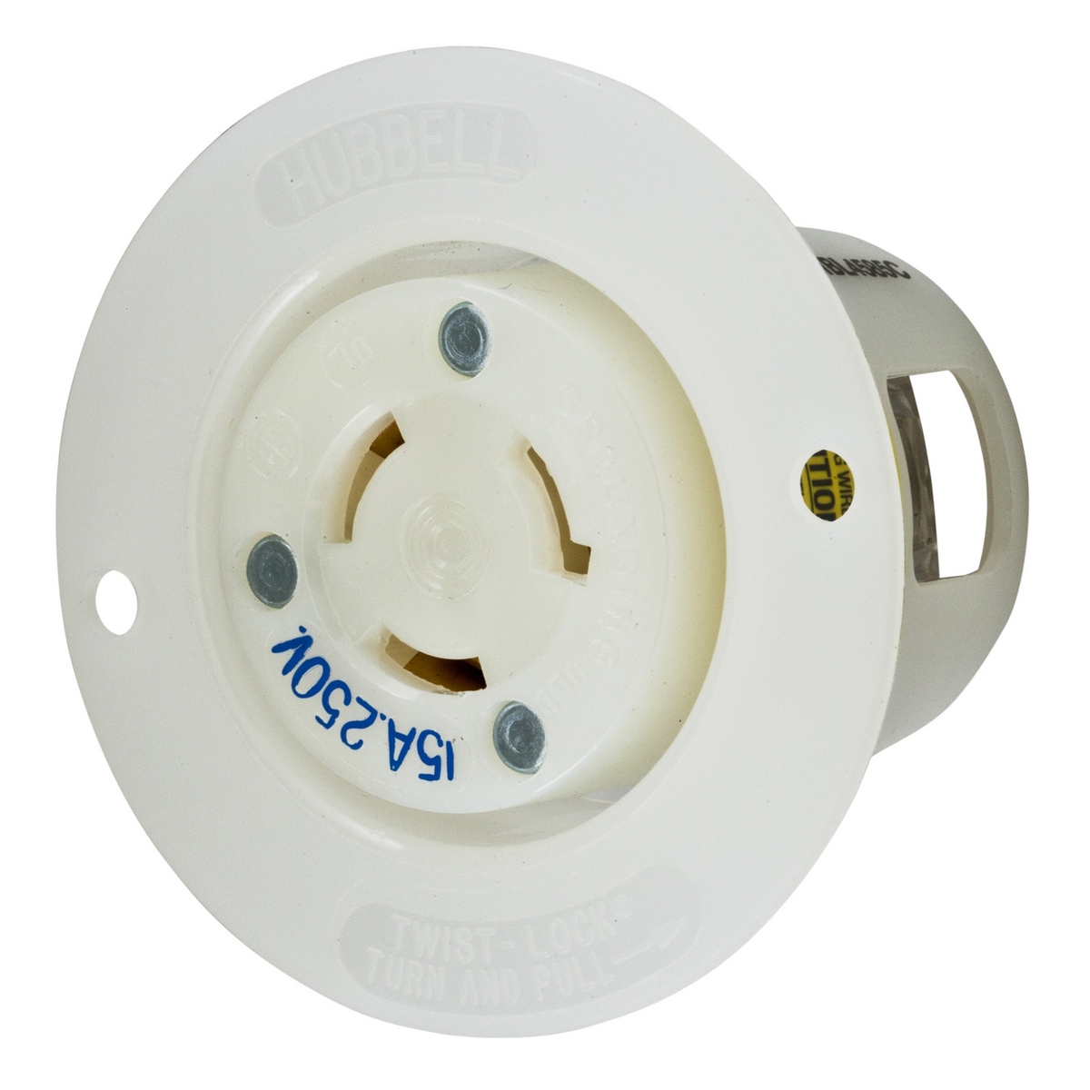 Locking Devices, Twist-Lock, Industrial, Insulgrip Flanged Receptacle, 15A 250V, 2-Pole 3-Wire Grounding, NEMA L6-15R, Screw Terminal, Nylon casing, Back wired, White.