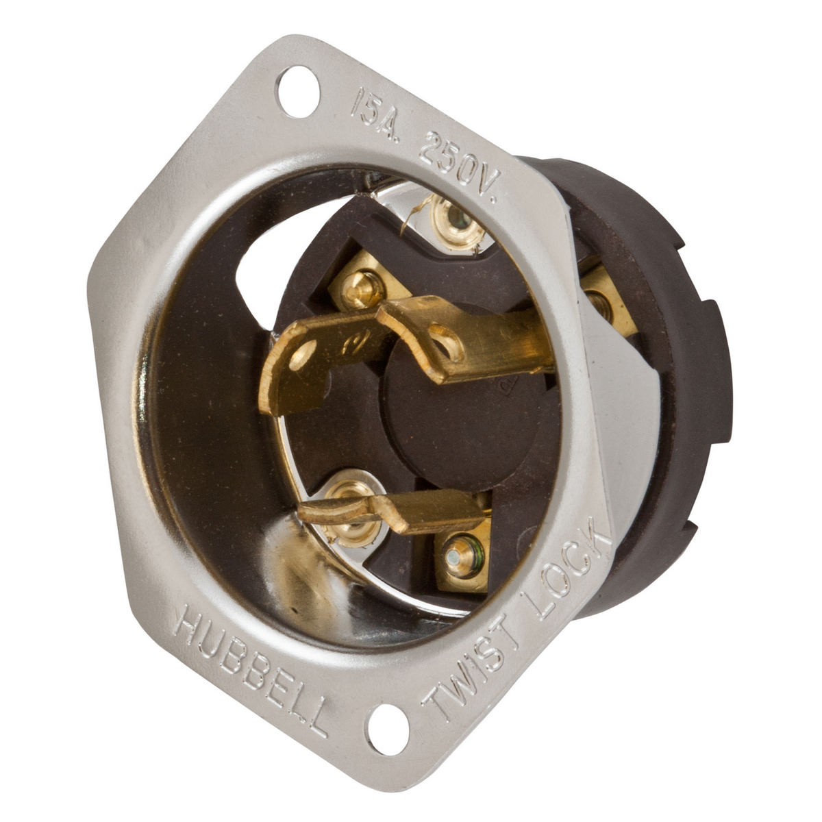 Locking Devices, Twist-Lock, Industrial, Stainless Steel Flanged Inlet, 15A 250V, 2-Pole 3-Wire Grounding, NEMA L6-15P, Screw Terminal, Brown/Stainless.
