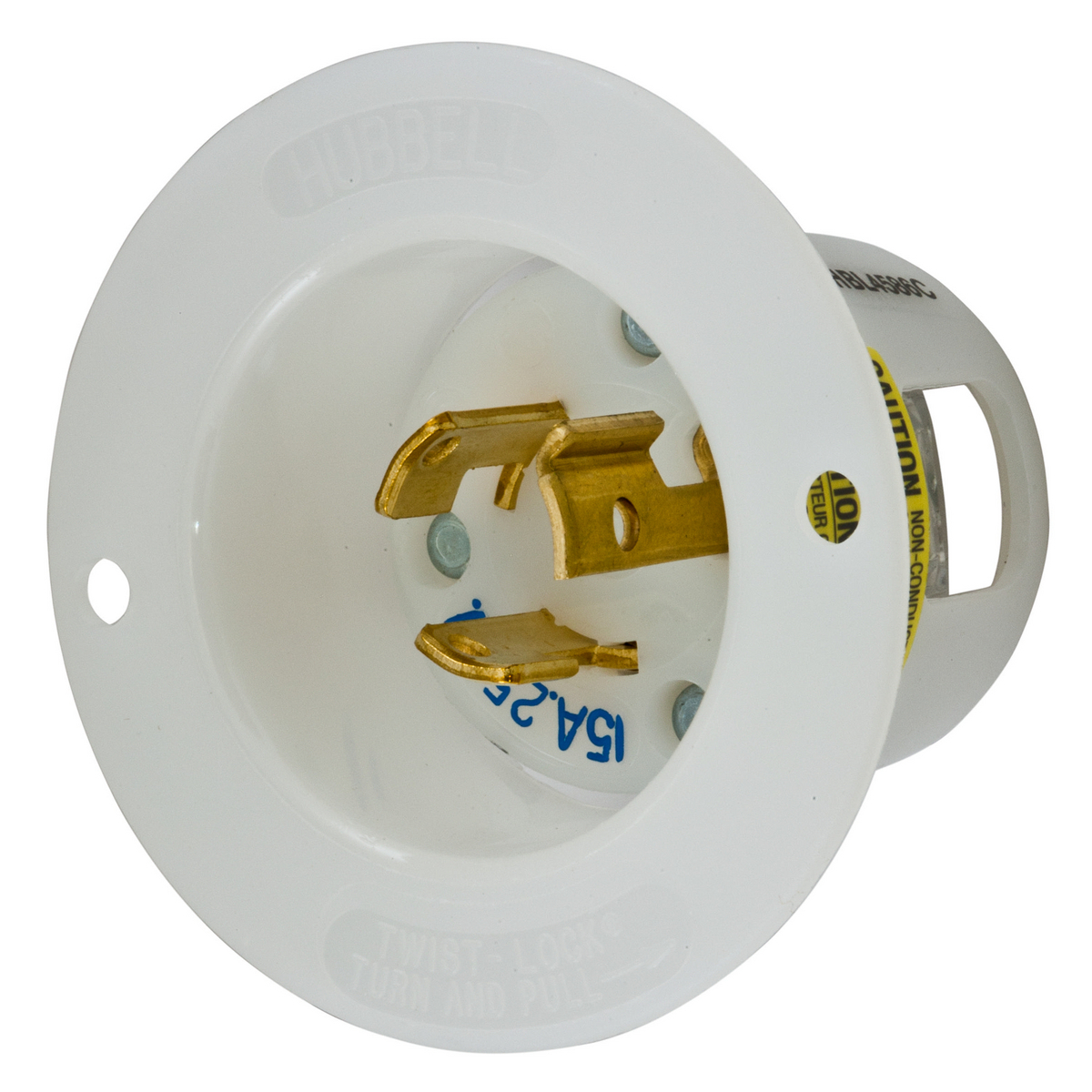 Locking Devices, Twist-Lock, Industrial, Insulgrip Flanged Inlet, 15A 250V, 2-Pole 3-Wire Grounding, NEMA L6-15P, Screw Terminal, Nylon casing, Back wired, White.
