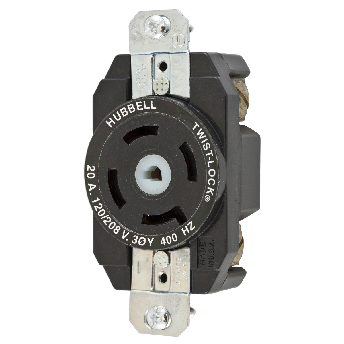 Locking Devices, Twist-Lock, Variload, Flush Receptacle, 20A 3-Phase Wye 120/208V AC only - 400Hz, 4-Pole 5-Wire Grounding, Non-NEMA, Screw Terminal, Black Urea Face, Unique Center Pin.