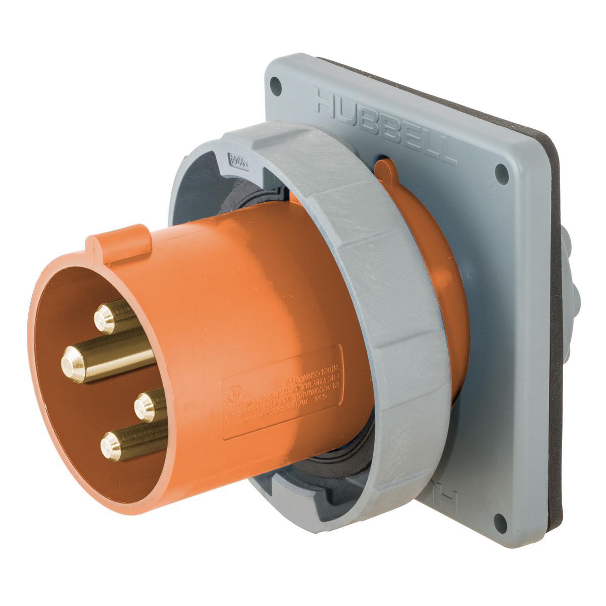 Heavy Duty Products, IEC Pin and Sleeve Devices, Industrial Grade, Male, Flanged Inlet, 60A 125/250V, 3-Pole 4- Wire Grounding, Terminal Screws, Orange, Watertight